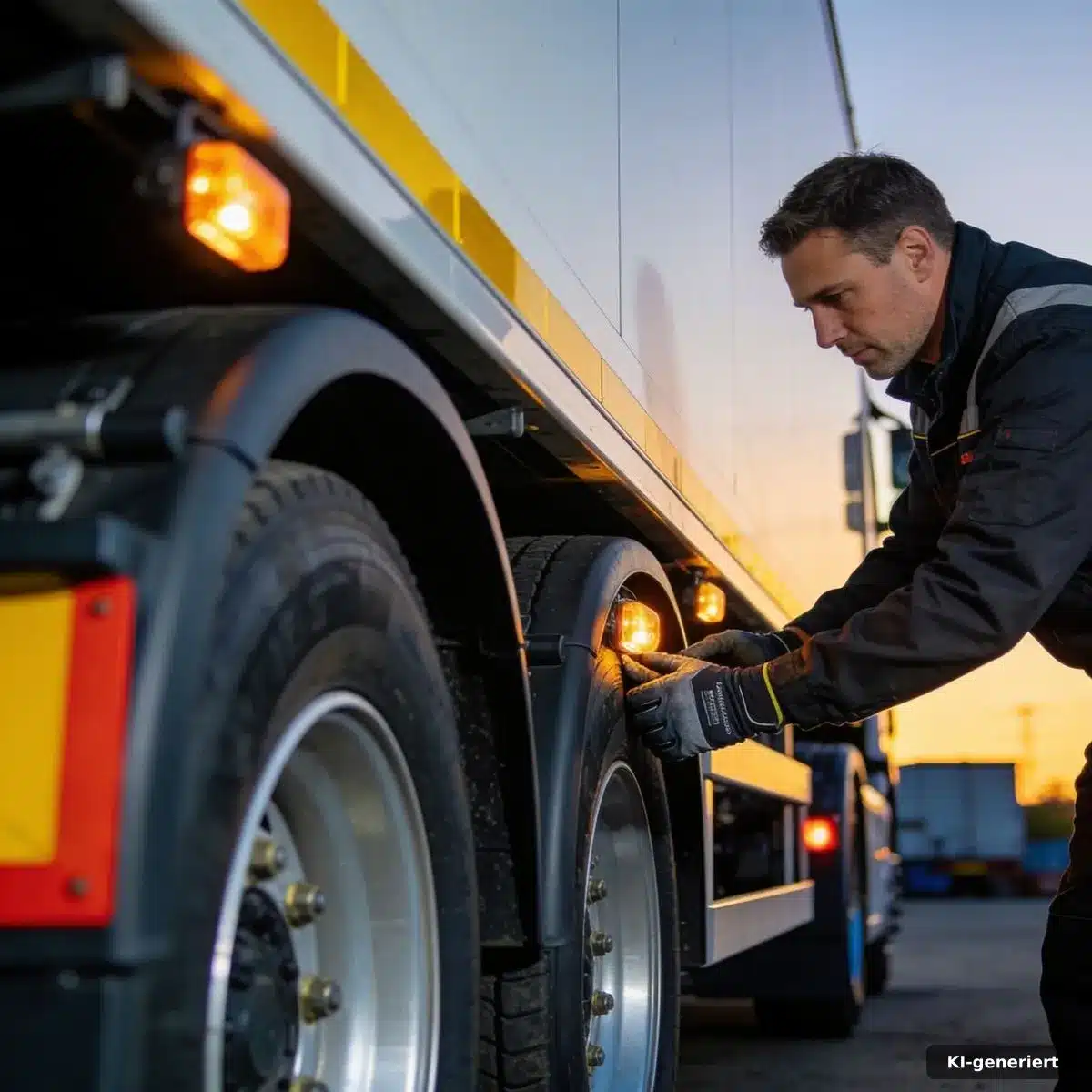 Fahrer prüft vor der Abfahrt Reifen und Beleuchtung eines Lkw