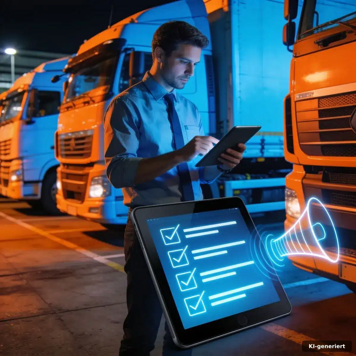 Fuhrparkleitung prüft digitale Kontrollabläufe auf einem Tablet
