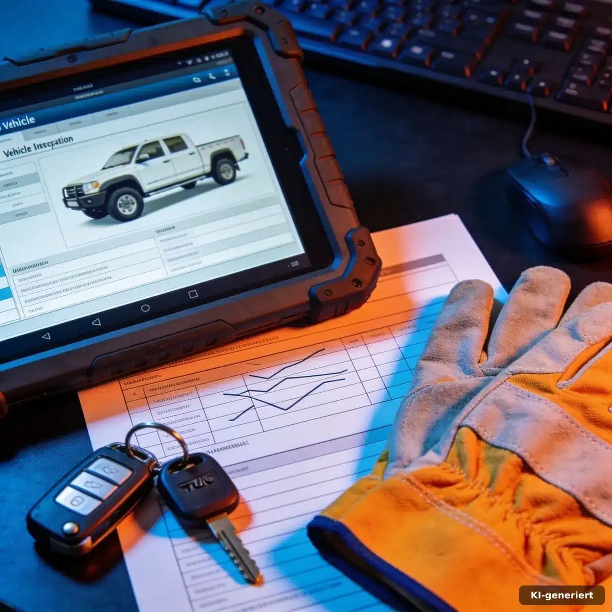 Tablet mit digitaler Checkliste neben Handschuhen und Lkw-Schlüssel