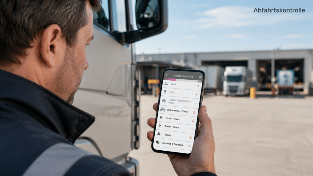 Berufskraftfahrer nutzt die digitale Abfahrtskontrolle von PersoFleet am Lkw