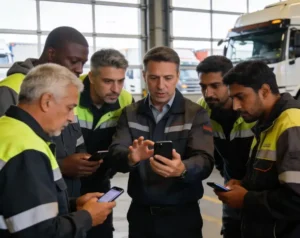 Fuhrparkleiter erklärt neuen Berufskraftfahrern beim Onboarding die PersoFleet-Fahrer-App. Bild: KI-generiert