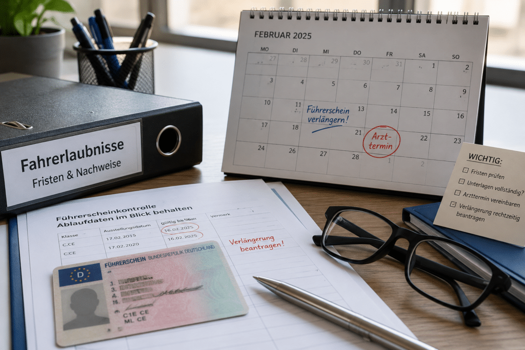 Führerschein, Kalender und Unterlagen zur Verlängerung von Fahrerlaubnisklassen und ärztlichen Untersuchung